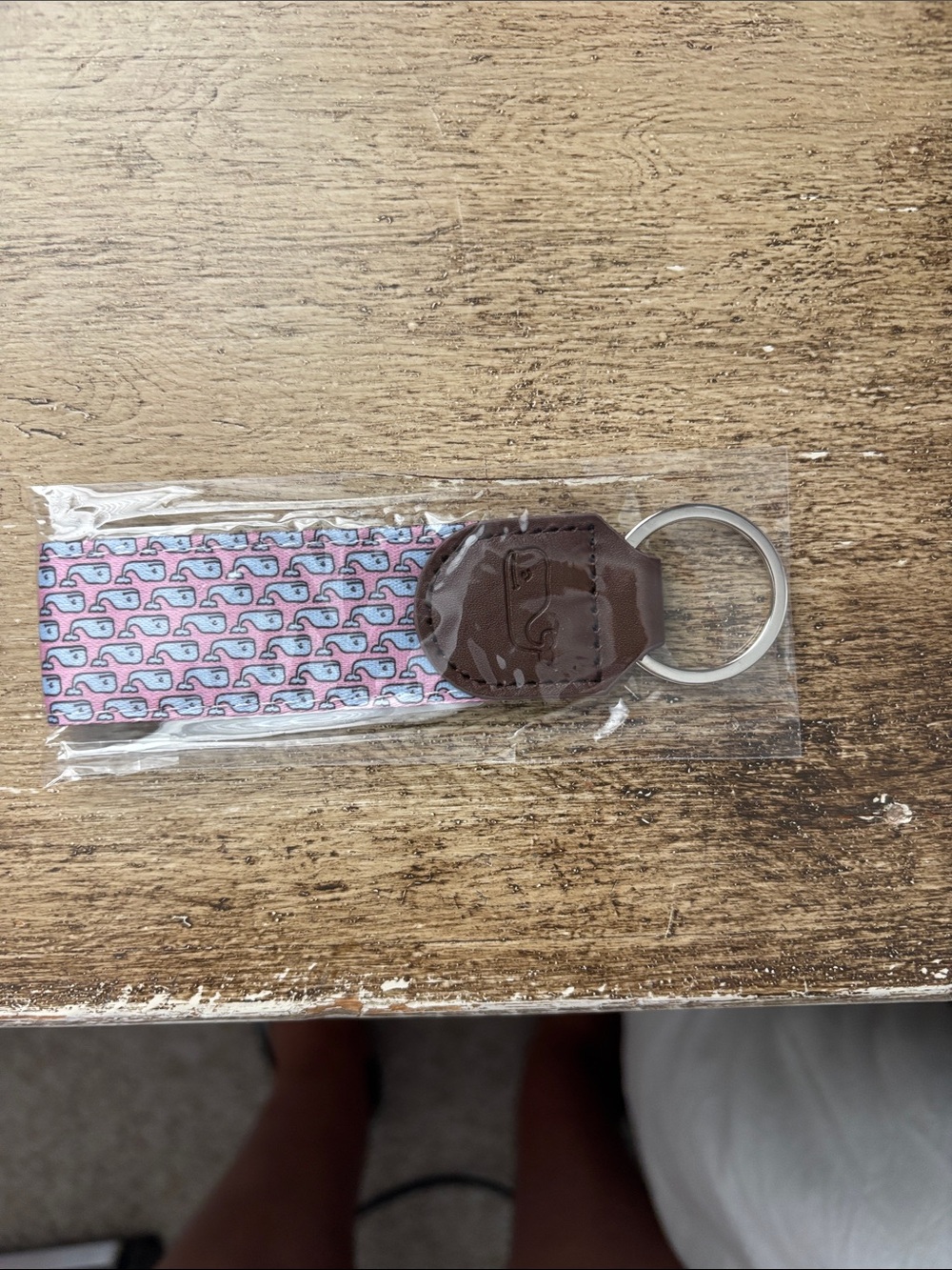 Vineyard Vines Pink Whale Pattern Key Loop with Brown Leather Tab